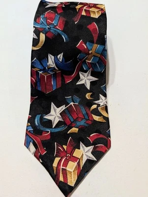 Dillard's Stars And Christmas Packages Black Backed  57" X 4"  Men's Tie - Image 1 of 4