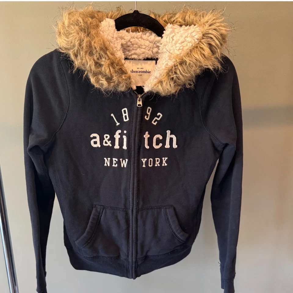 Y2K Style Abercrombie & Fitch Kids Navy Full Zip Heavy Hoodie Faux Fur Girls XL - Image 1 of 4