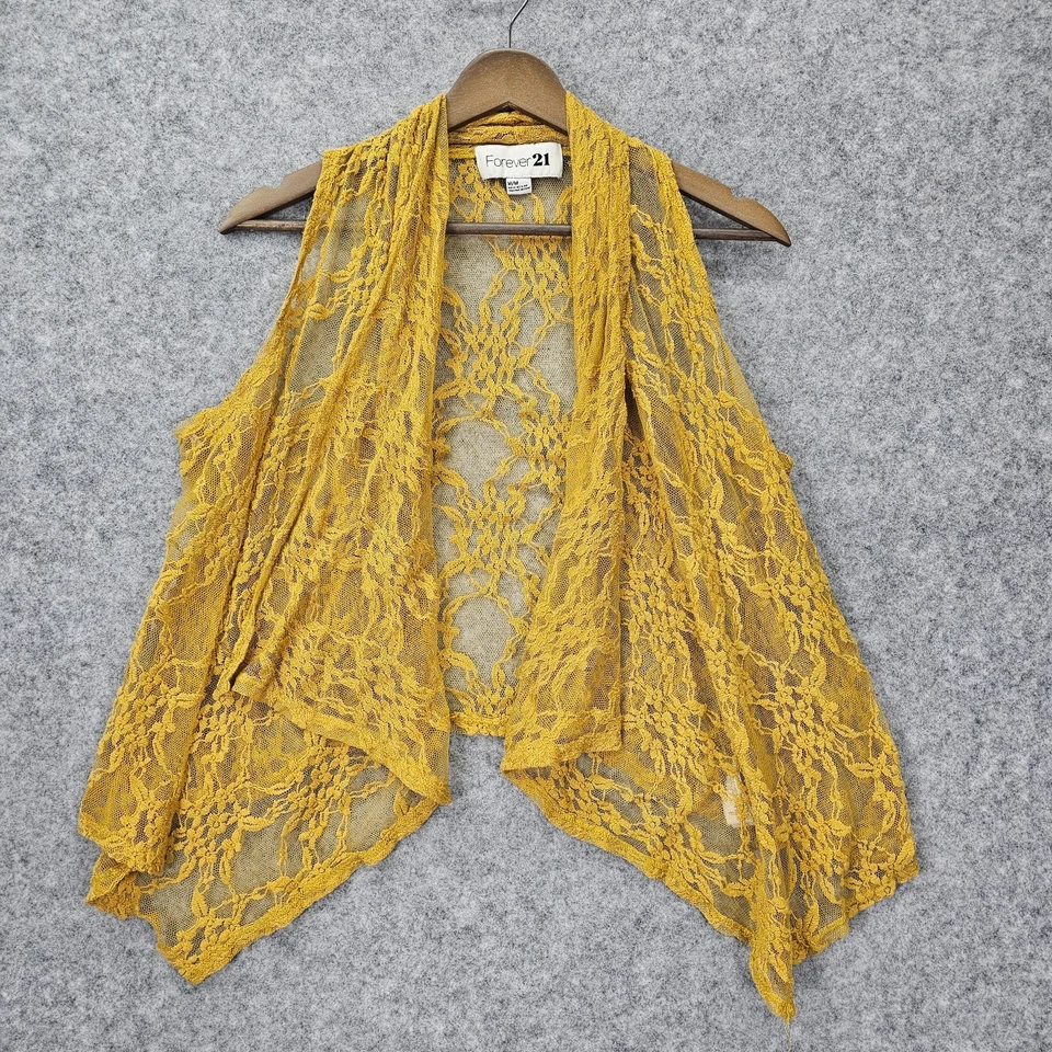 VTG FOREVER 21 Womens Lace Vest M Mustard Yellow Open Front Waterfall Cardigan   - Image 1 of 4