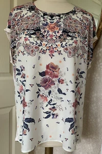 LADIES DESIGNER SIZE 16 CREAM BLUE PEACH FLORAL FRONT TUNIC TOP - Picture 1 of 5