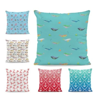 Fun Fuzzy Pillow Cover Blue Ocean Anchor Lobster Fish Cartoon Cushion Cover - Image 1 of 4