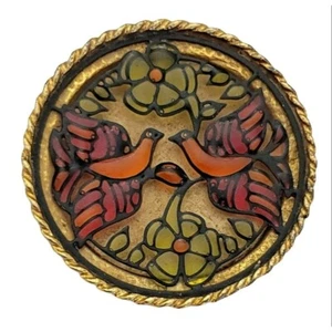 Gold Tone Faux Plique A Jour Overlay Shadow Box Features Round Brooch, K158 - Picture 1 of 10