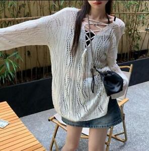 Women's Fashion V neck Lace Up Mesh Long Sleeve Knitted Sweater T Shirt Top 9091
