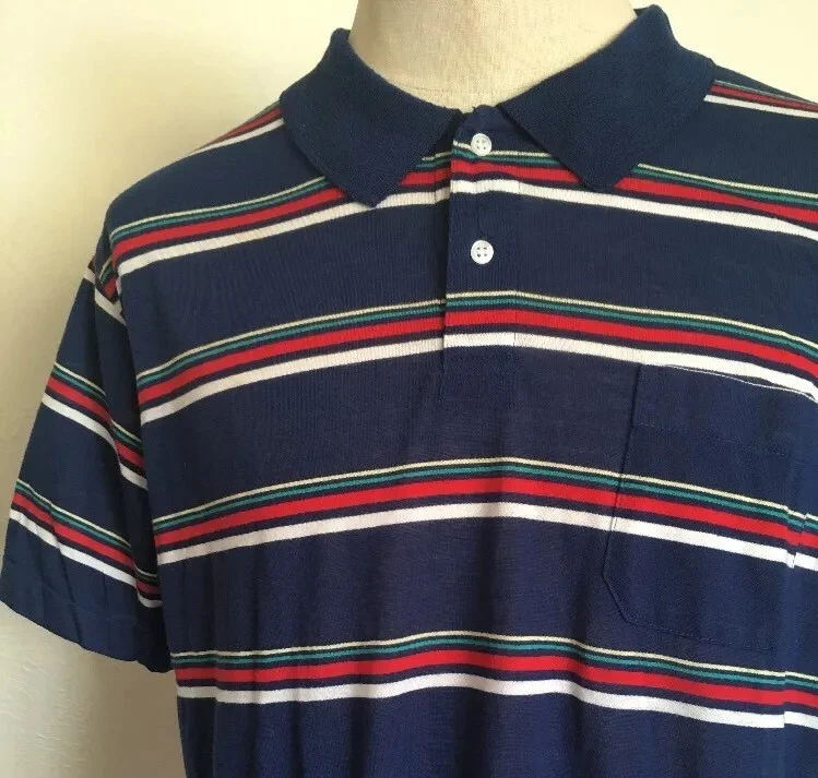 Винтажный 80-х основной поток в полоску карман поло мягкий и тонкий темно-синий XL инди - Изображение 1 из 4