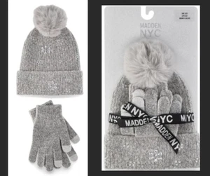 Madden NYC Mujer Gorro y Guante de Invierno Conjunto de 2 Piezas, GRIS TALLA ÚNICA NUEVO - Imagen 1 de 8