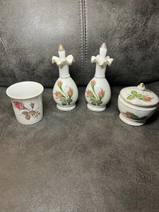 Royal Sealy Japan Moss Rose 4Pc Set-Cigarette Cup-2 Perfume Bottles-Trinket Box - Picture 1 of 12