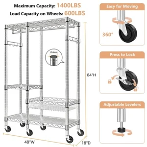 Heavy Duty Rolling Garment Rack 3 Tiers Adjustable Wire Shelving Clothes Rack - Picture 1 of 9