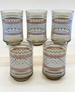 Vintage Konvolut 5 Glas Tumbler Saftgläser Webmuster Streifenmuster Bernstein Mcm - Bild 1 von 10