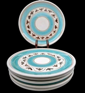 Italian Hand Painted Ceramic 8" Plates Set of Six Aqua Blue Brown Thick Rustic - Picture 1 of 24