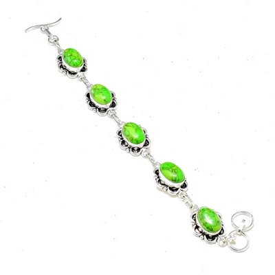 Green Copper Turquoise Gemstone 925 Sterling Silver Jewelry Chain Bracelet - Image 1 of 4