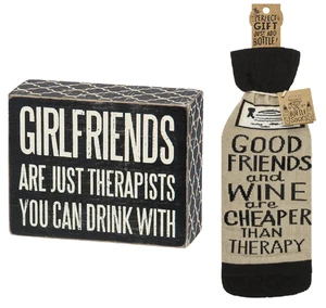 Primitives by Kathy 2 Girlfriends Decor Bundle, Wine Bottle Cover and Box Sign - Picture 1 of 3