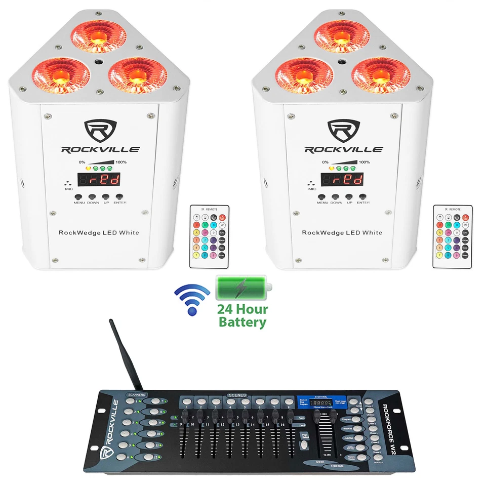 (2) Rockville RockWedge LED White Battery Powered Lights+Wireless DMX Controller - Image 1 of 4