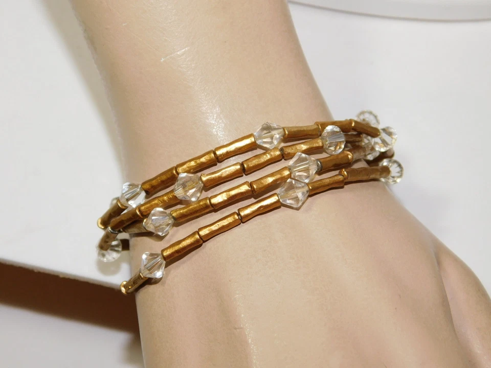 Set Di 4 Oro Opaco Sfaccettato Cristallo Chiaro Perlina Elasticizzato Bracciale - Immagine 1 di 4