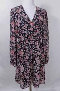 Express Womens Floral Wrap Dress Sz S Black Pink Long Sleeve - Picture 1 of 11