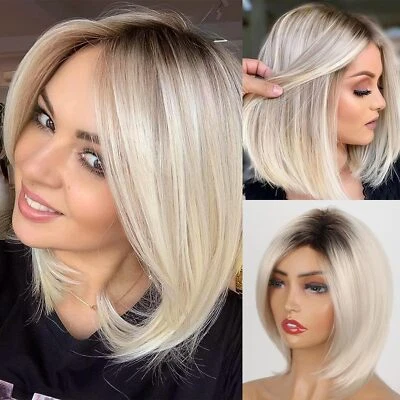 Short Blonde Wigs for White Women Layered Straight Hair Bob Wig with Bangs - Image 1 of 4