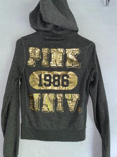 UNDERCOVER Victoria Secret ROSA Felpa con Cappuccio Donna S Grigio Felpa Giacca Bling Oro