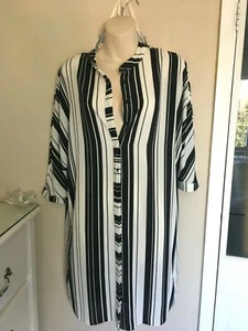 BLACK & CREAM STRIPED SHIRT DRESS TOP 10 12 BATWING SLEEVE - Picture 1 of 5