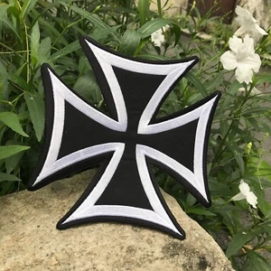 Large 7.5 Inch Maltese Iron Cross Embroidered Patch Biker Vest Jacket Accessory - Picture 1 of 4