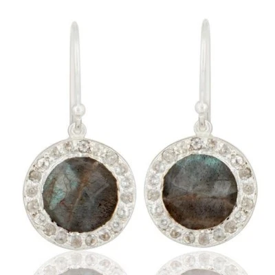 Pendientes colgantes de plata de ley 925 con topacio blanco de labradorita natural joyería Foto 1 de 4