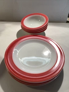 4 Pyrex 10” Dinner Plate 6 1/4” Soup Bowl Red Trim Mix Lot - Picture 1 of 7