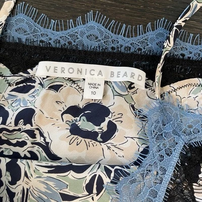 Veronica Beard Gil Camisole Womens 10 Blue Floral Silk Lace Trim Tank Top Blouse - Изображение 1 из 4