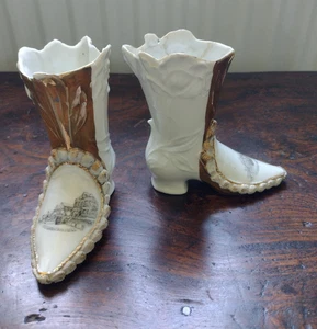 Vintage Paar Porzellan Stiefel Vase Ornamente zeigen die Teegärten Rätsel - Bild 1 von 14