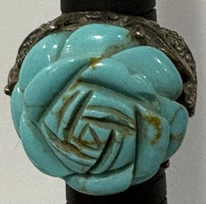 925 Sterling Silver Turquoise Carved Rose Floral Chunky Ring~Size 6 - Picture 1 of 6