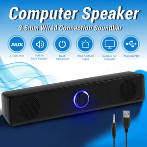 Stereo Bass Sound Computer Speakers 3.5mm USB Wired Soundbar for Desktop Laptop - Picture 1 of 9