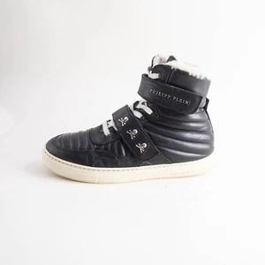 Philipp Plein Hoch Top Sneakers Schwarz Leder Pelzrand Damen Größe US 9 Eu 39 - Bild 1 von 8