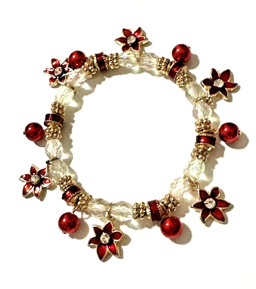 Pulsera KC KENNETH COLE Navidad Poinsettia Dije Esmalte y Cristales Elásticos Foto 1 de 4