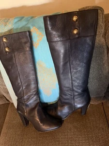 Kate Spade Women 7.5 BlackReal leather tall boots heeled winter pull Up 3” Heel - Picture 1 of 24