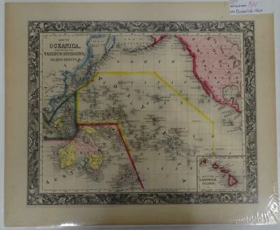 Mapa S. Augustus Mitchell colorido à mão 1860 Oceanica Polynesia Austrália B4 - Imagem 1 de 4