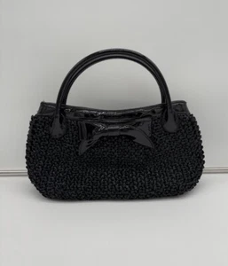 Meyers Black Patent Leather & Straw Purse Handbag Bow USA Made Inside Pockets - Picture 1 of 20