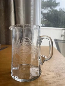 Handsome Arts and Crafts Style Clear Glass Jug 14cm H with Etched Design - Picture 1 of 9
