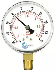 1-1/2" Vacuum Gauge-Chrome Plated Steel Case, 1/8"NPT, Lower Mnt. -30Hg/+30 psi - Picture 1 of 4