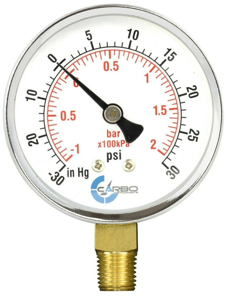 1-1/2" Vacuum Gauge-Chrome Plated Steel Case, 1/8"NPT, Lower Mnt. -30Hg/+30 psi - Image 1 of 4