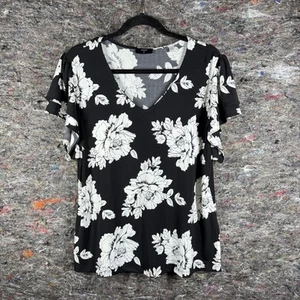 Tahari Shirt Womens XL Black White Floral Ruffle Sleeve Stretch Top Blouse Tee - Picture 1 of 11