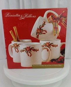 NIOB Weihnachtsstern & Bänder Porzellan Weihnachten Feiertage 4er Set 12 Unzen Becher - Bild 1 von 7