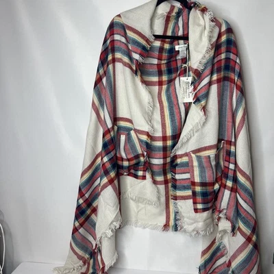 Poncho de bolsillo con flecos a cuadros Grace And Lace blanco rojo talla única Foto 1 de 4