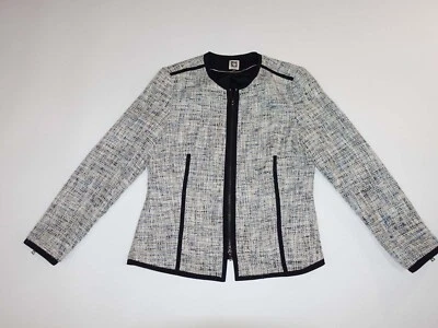 Chaqueta de tweed para mujer Anne Klein con cremallera frontal talla 12 gris beige azul forrada negra Foto 1 de 4