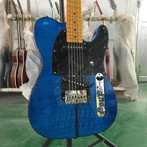 Blue Mad Cat TL Electric Guitar Flame Maple Top Maple Fretboard Black Pickguard - Picture 1 of 13