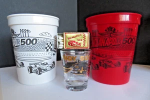 1990s VINTAGE INDY 500® Black/Gold/Clear Shot Glass 2 Plastic Cups Mini-Matchbox - Picture 1 of 21