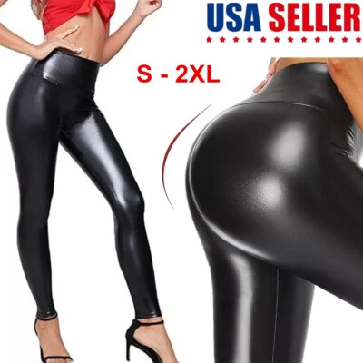 Women Stretchy Faux Leather Leggings Casual PU Pants High Waist Pencil Trousers - Image 1 of 4