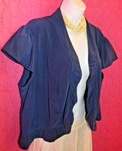 CATO Navy Blue Fine Stretch Knit Open Shrug Ruffle Hem Placket Cap Sleeve 22 24W - Picture 1 of 4