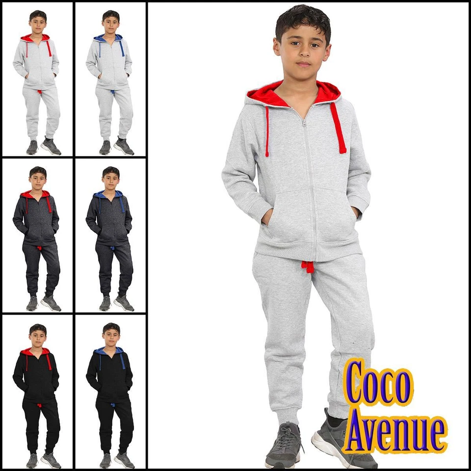 Boys Fleece Hooded Tracksuit Kids Zip Hoodie Jogger Contrast Sports Jogging Suit - Image 1 of 1