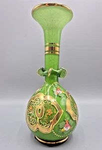 Vintage Antique Bohemian Hand Blown Green & Gold Cased Glass Vase - Picture 1 of 11