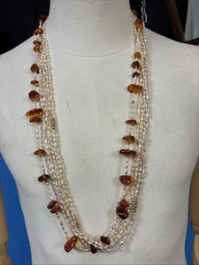 STUNNING Vintage 14k Yellow Gold Beads Baroque Seed Pearls With Amber Chunks 34” - Picture 1 of 10