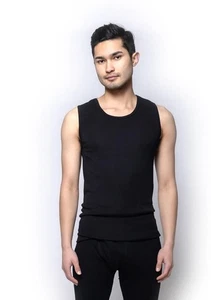 Mens Baselayer Black Pure Wool 200gsm Singlet Vest Tank Spencer Thermal Top - Picture 1 of 3
