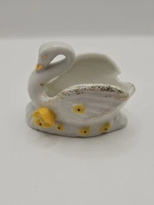 Mid Century Vintage Japan Porcelain Swan Ashtray Trinket Dish Yellow Color Roses - Picture 1 of 14