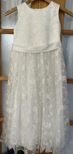 Embroidered Lace Flower Girl’s Dress Sz 7-8 Girls White Belted Wedding Formal - Picture 1 of 10